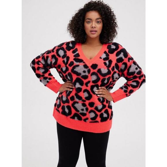 Torrid Chunky Bright Coral Pink Leopard Print Fuzzy Tunic Sweater - Picture 1 of 16